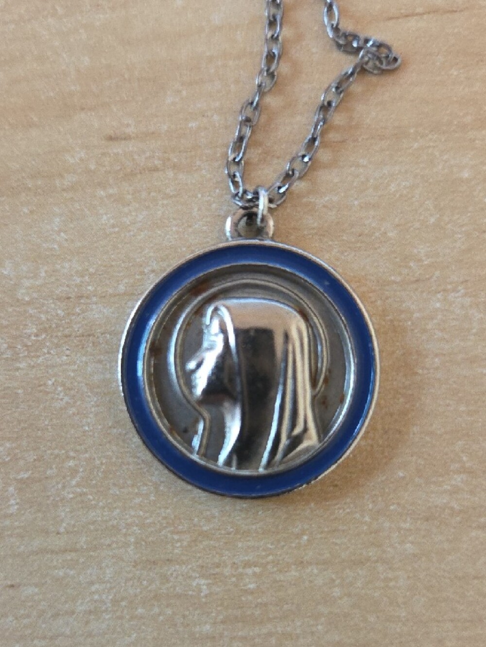 Mother Mary Madonna pendant Silver-Tone Blue Enamel Religious Pendant Necklace - Picture 7 of 9
